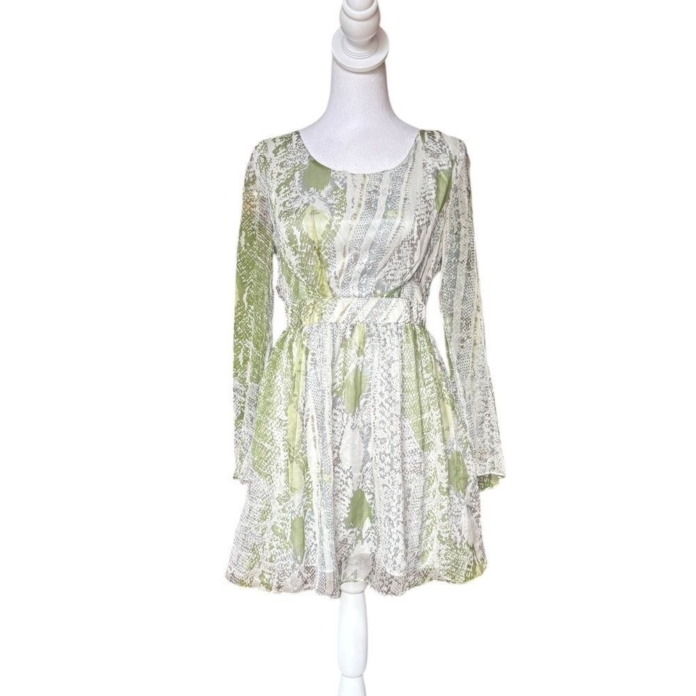 Line & Dot Green Snake Print Silk Mini Dress Womens Small Long Sleeves Fairycore